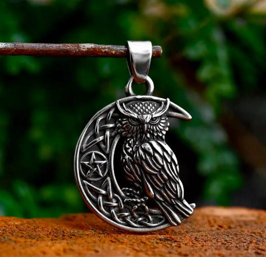 Crescent Moon Owl Stainless Steel Pendant Necklace