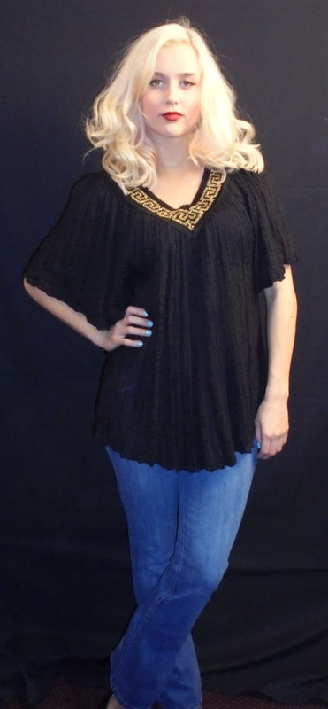 Greek-Inspired 100% Cotton Blouse with Gold Metallic