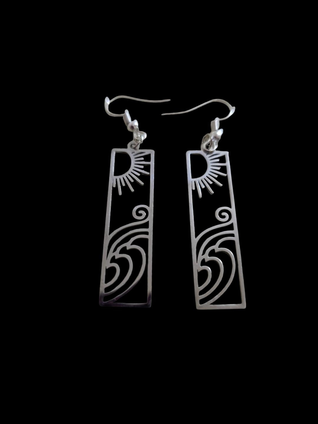 Stainless Steel Sun & Waves Rectangular Earrings
