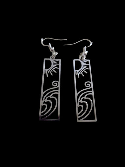 Stainless Steel Sun & Waves Rectangular Earrings