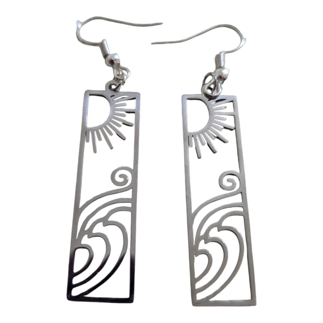 Stainless Steel Sun & Waves Rectangular Earrings