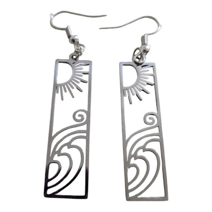 Stainless Steel Sun & Waves Rectangular Earrings