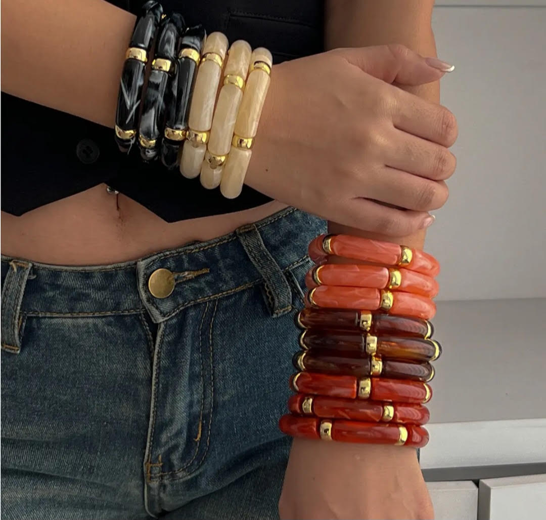 Chunky Bamboo-Style Stackable Bangle Bracelets with Colorful Tubular Beads