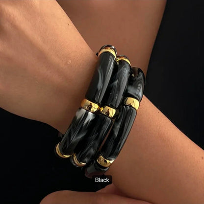 Chunky Bamboo-Style Stackable Bangle Bracelets with Colorful Tubular Beads