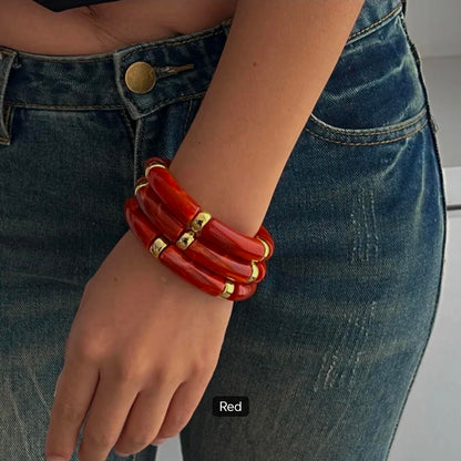 Chunky Bamboo-Style Stackable Bangle Bracelets with Colorful Tubular Beads
