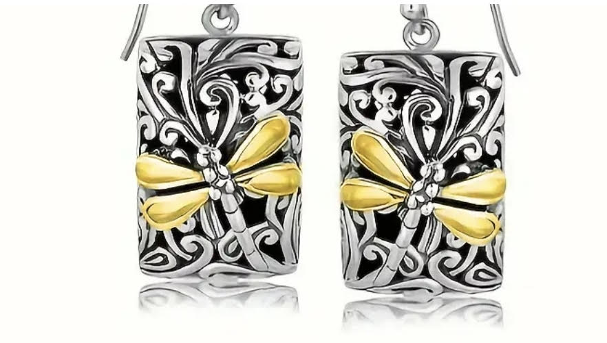Sterling Silver Dragonfly Rectangle Drop Earrings with 18K Gold Accents
