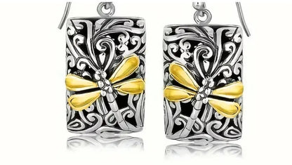 Sterling Silver Dragonfly Rectangle Drop Earrings with 18K Gold Accents