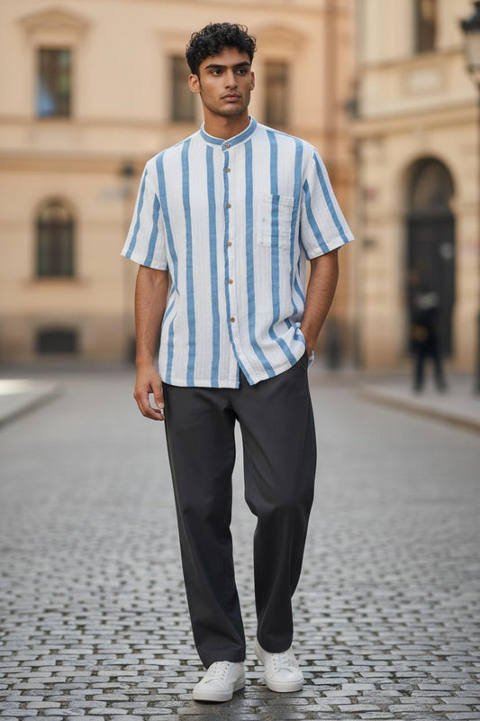Men’s Striped Cotton Dress Shirt – Blue & White